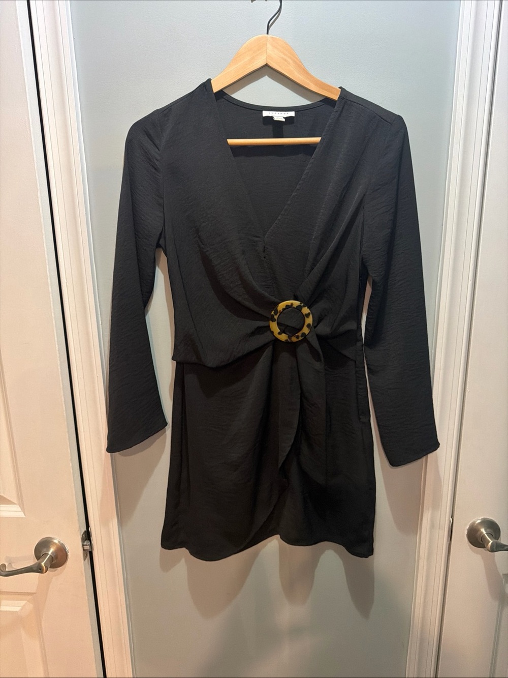 Topshop Black Long-Sleeve Wrap Dress with Tortoiseshell Buckle